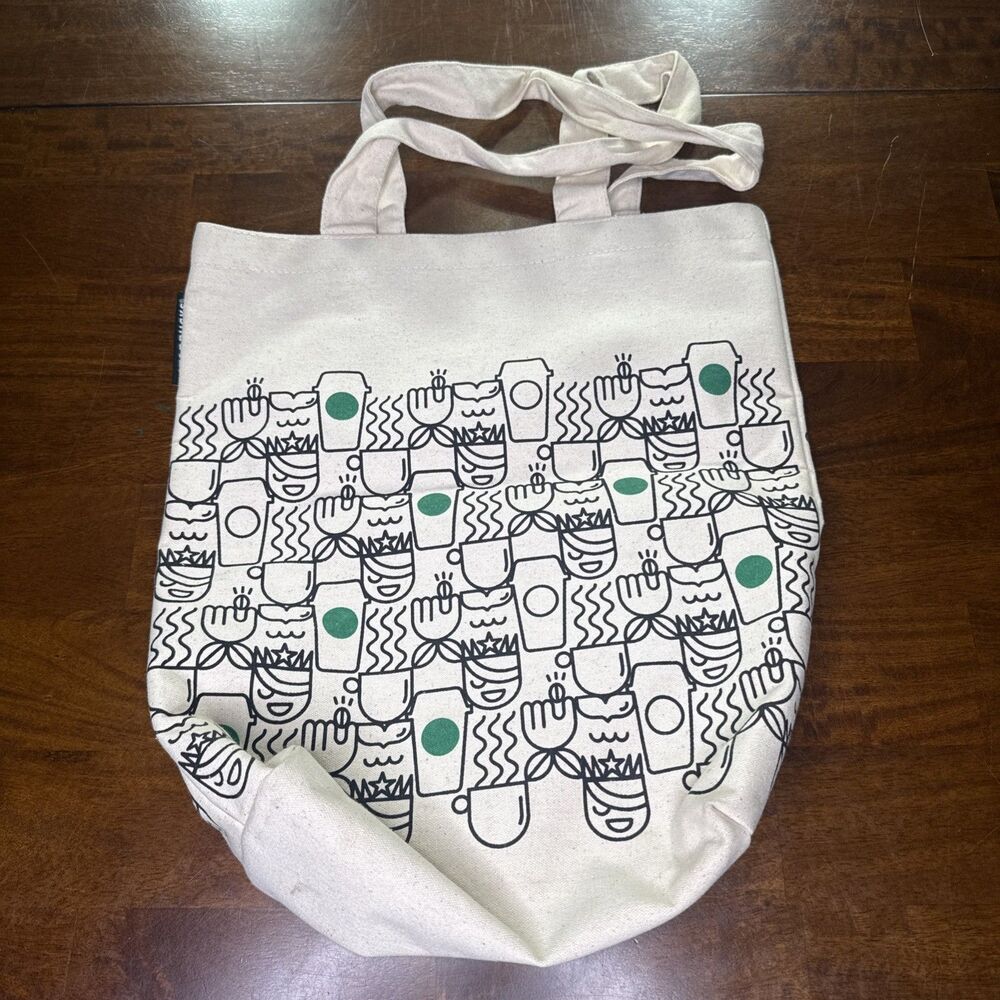 Starbucks Coffee Canvas Tote Bag Cream Green Doodle Print Reusable Shopper